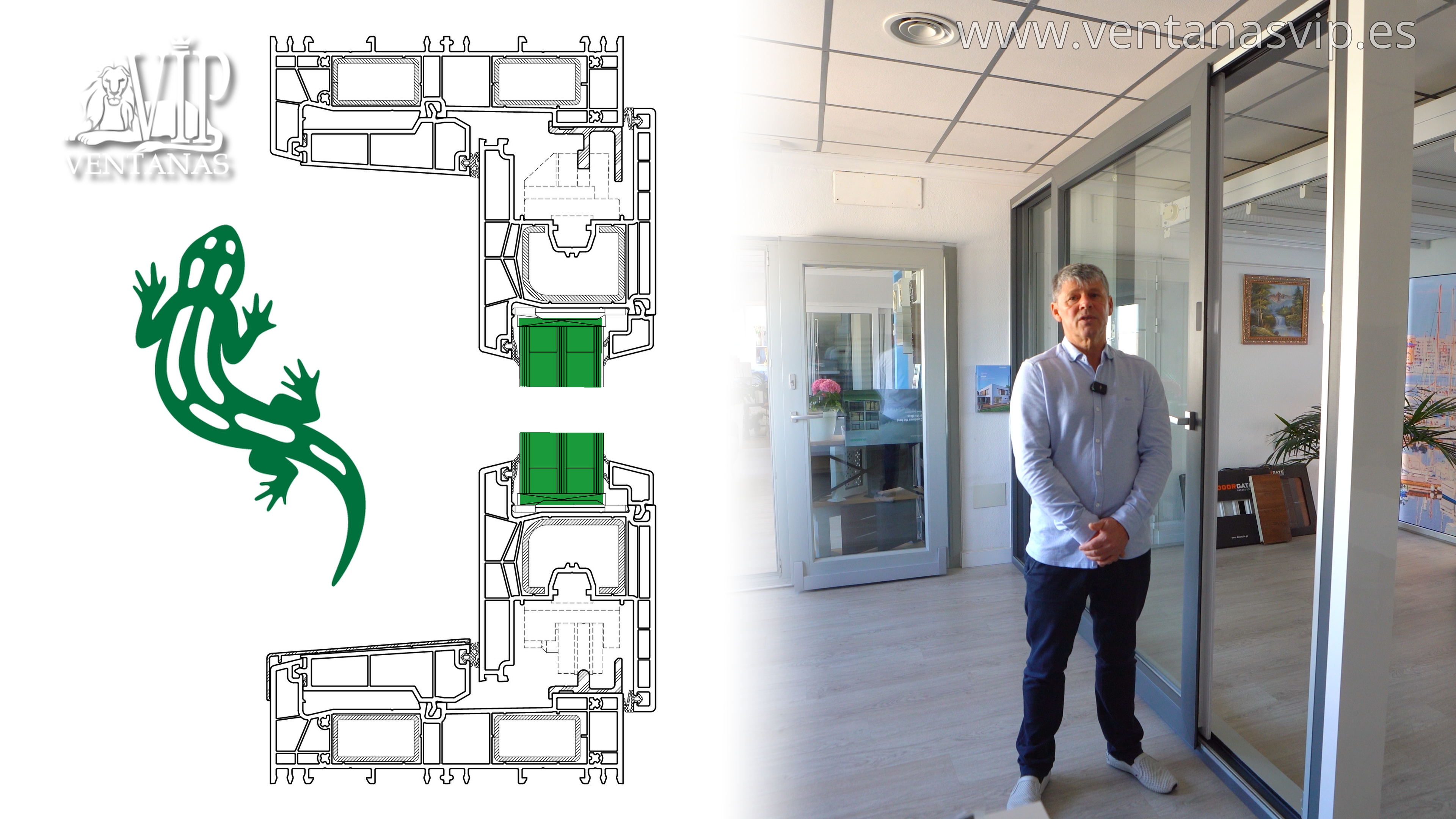 Ventanas VIP Experte erklärt den Profilquerschnitt der Salamander EvolutionDrive Plus Balkontür mit Mehrkammerprofil und Verglasungsstärken bis 48 mm.